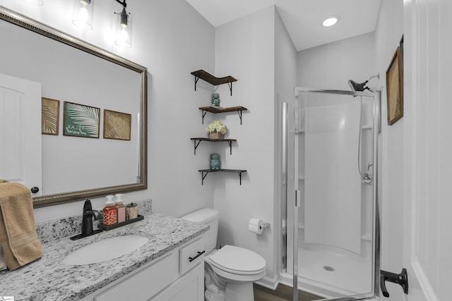 110 Strongridge Trl, Simpsonville, SC 29681 - bathroom featuring a stall shower, toilet, and vanity