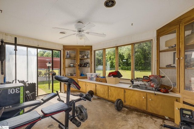 exercise room featuring healthy amount of natural light and ceiling fan