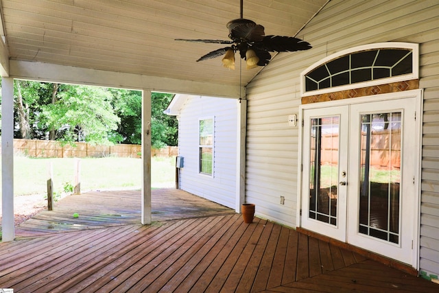 wooden deck with fence, ceiling fan, and french doors