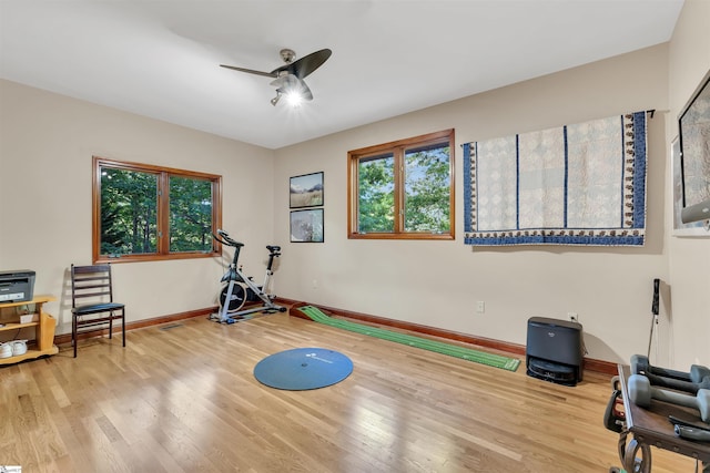 exercise area featuring ceiling fan, wood finished floors, and baseboards