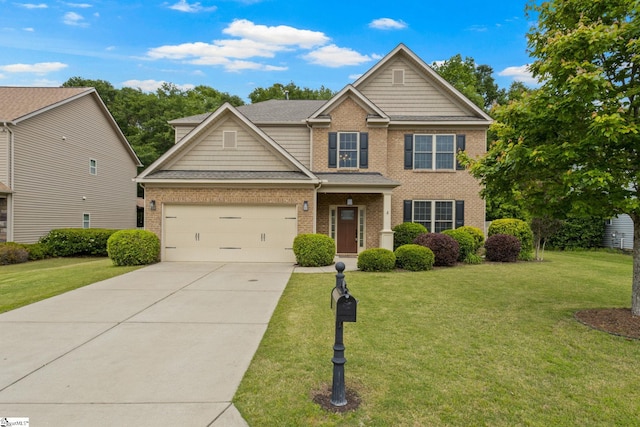 view of front of property with brick siding, driveway, a garage, and a front lawn
