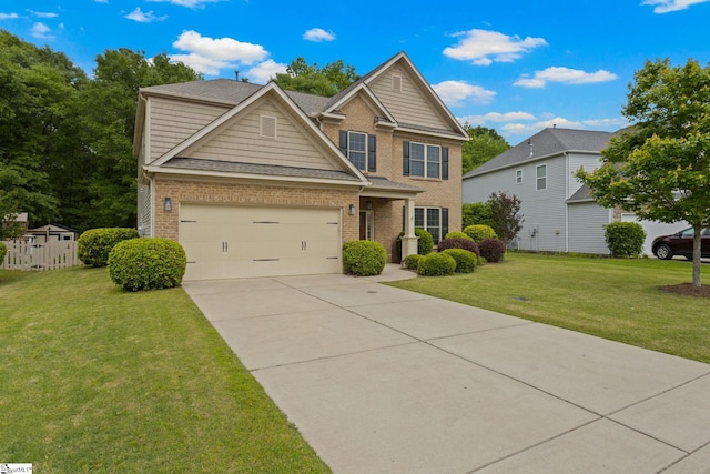 view of front of home featuring brick siding, concrete driveway, a front yard, a garage, and a shingled roof