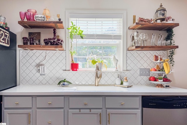 111 Woodvale Ave, Fountain Inn, SC 29644 - kitchen with stainless steel dishwasher, open shelves, and decorative backsplash