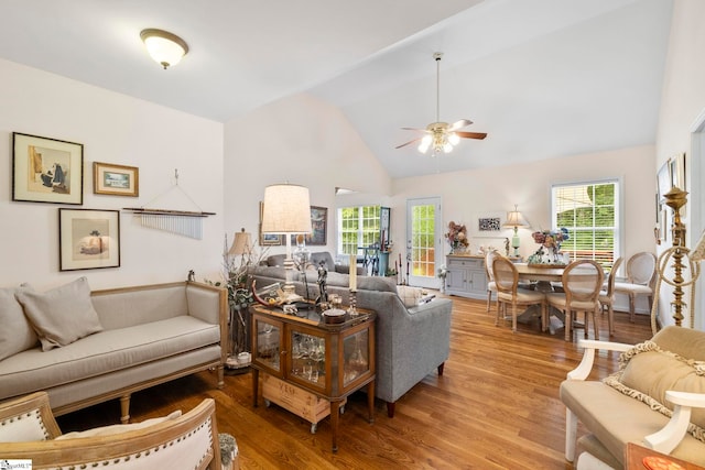 111 Woodvale Ave, Fountain Inn, SC 29644 - living room featuring wood finished floors, plenty of natural light, a ceiling fan, and high vaulted ceiling