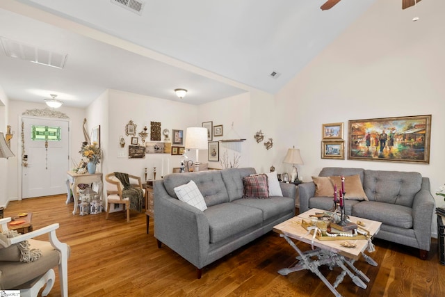111 Woodvale Ave, Fountain Inn, SC 29644 - living area featuring wood finished floors, ceiling fan, and high vaulted ceiling