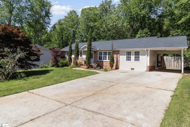 202 Forest Dr, Liberty, SC 29657 - ranch-style home featuring driveway, a carport, a front yard, brick siding, and a shingled roof