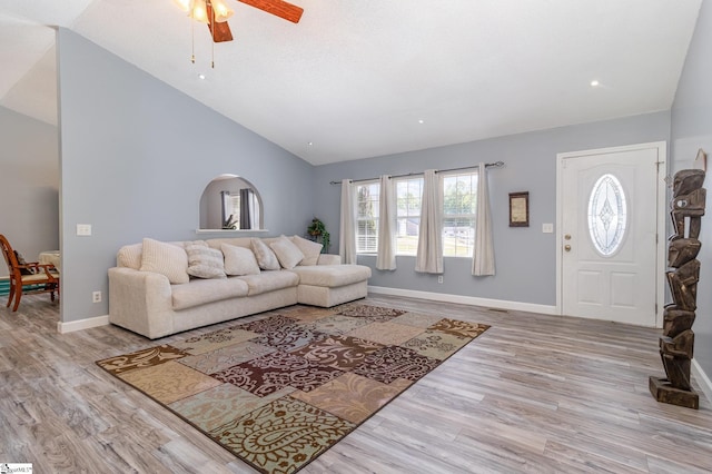 202 Forest Dr, Liberty, SC 29657 - living room with a ceiling fan, lofted ceiling, wood finished floors, and baseboards