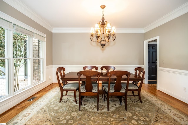 5 Marlis Ct, Greer, SC 29650 - dining area with a chandelier, ornamental molding, wood finished floors, and a wainscoted wall