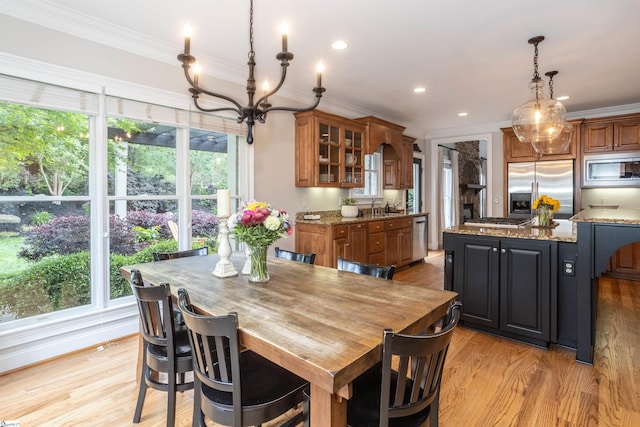 5 Marlis Ct, Greer, SC 29650 - dining room featuring a chandelier, light wood-style flooring, ornamental molding, and recessed lighting