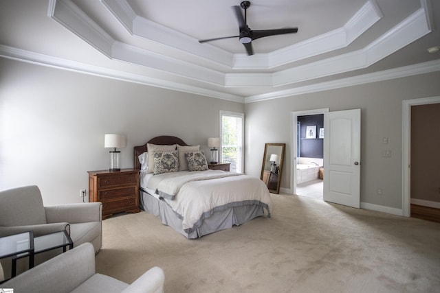 5 Marlis Ct, Greer, SC 29650 - carpeted bedroom featuring a raised ceiling, crown molding, ensuite bath, ceiling fan, and baseboards