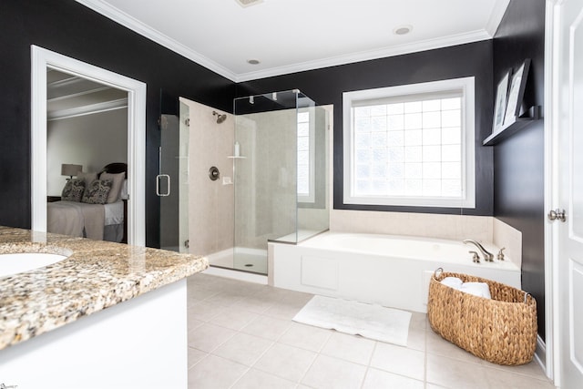 5 Marlis Ct, Greer, SC 29650 - ensuite bathroom featuring a stall shower, tile patterned floors, a bath, ornamental molding, and vanity