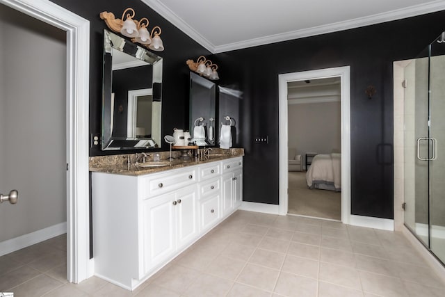 5 Marlis Ct, Greer, SC 29650 - bathroom featuring crown molding, tile patterned flooring, a stall shower, connected bathroom, and baseboards