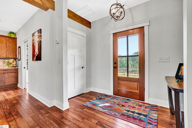 475 Johnson Rd, Easley, SC 29642 - foyer with wood finished floors, a chandelier, baseboards, and beamed ceiling