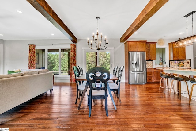 475 Johnson Rd, Easley, SC 29642 - dining space with beamed ceiling, a chandelier, dark wood finished floors, recessed lighting, and baseboards