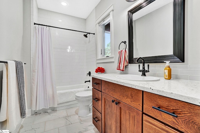 475 Johnson Rd, Easley, SC 29642 - bathroom featuring marble look tile flooring, toilet, shower / bath combo with shower curtain, vanity, and recessed lighting