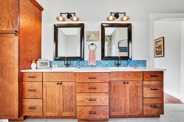 475 Johnson Rd, Easley, SC 29642 - bathroom with backsplash, double vanity, baseboards, and marble finish floors