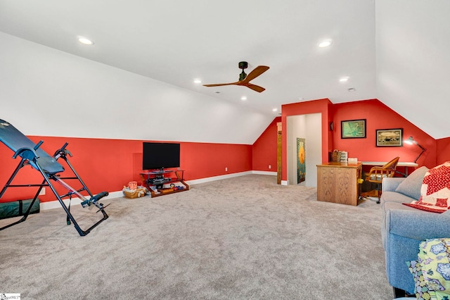 475 Johnson Rd, Easley, SC 29642 - rec room with lofted ceiling, carpet floors, a ceiling fan, baseboards, and recessed lighting