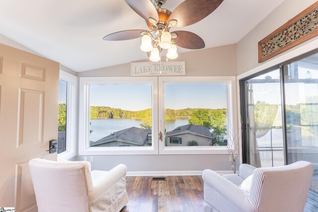 1230 Melton Rd Unit # 16, West Union, SC 29696 - sitting room featuring vaulted ceiling, wood finished floors, a ceiling fan, and a water view