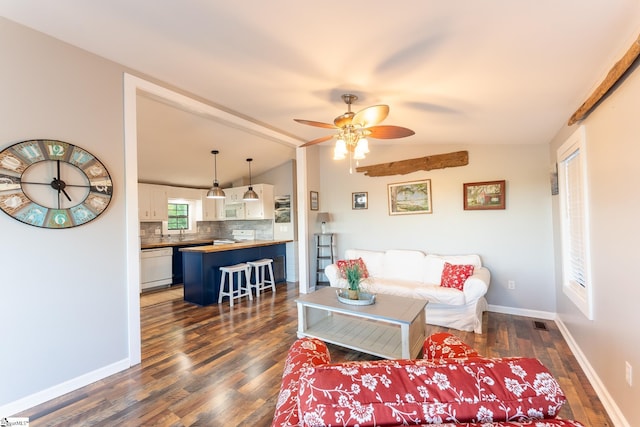 1230 Melton Rd Unit # 16, West Union, SC 29696 - living area with lofted ceiling, dark wood-style flooring, ceiling fan, and baseboards