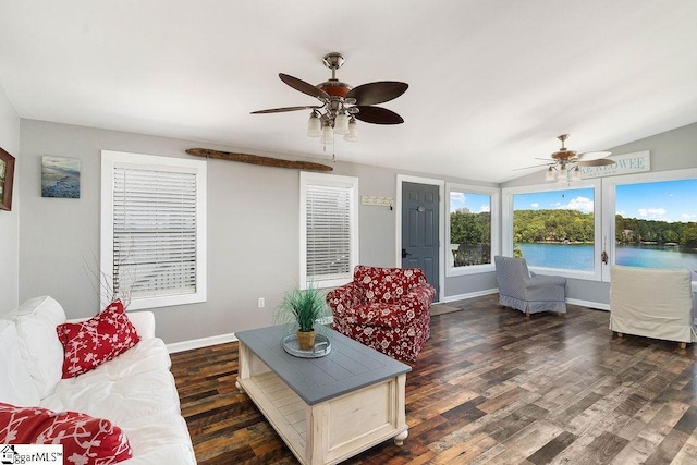 1230 Melton Rd Unit # 16, West Union, SC 29696 - living area with ceiling fan, dark wood-type flooring, baseboards, vaulted ceiling, and a water view