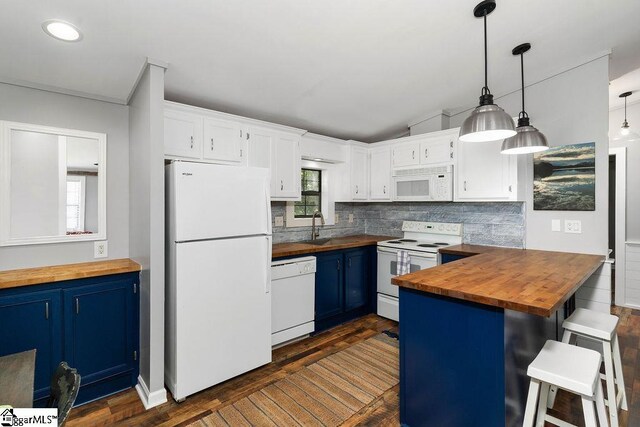 1230 Melton Rd Unit # 16, West Union, SC 29696 - kitchen featuring wooden counters, white appliances, blue cabinetry, dark wood-style flooring, and lofted ceiling
