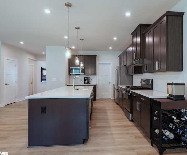 kitchen with appliances with stainless steel finishes, a sink, dark brown cabinetry, light wood finished floors, and recessed lighting