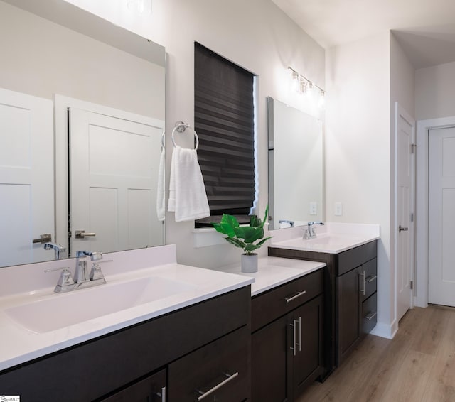 full bathroom with wood finished floors and two vanities