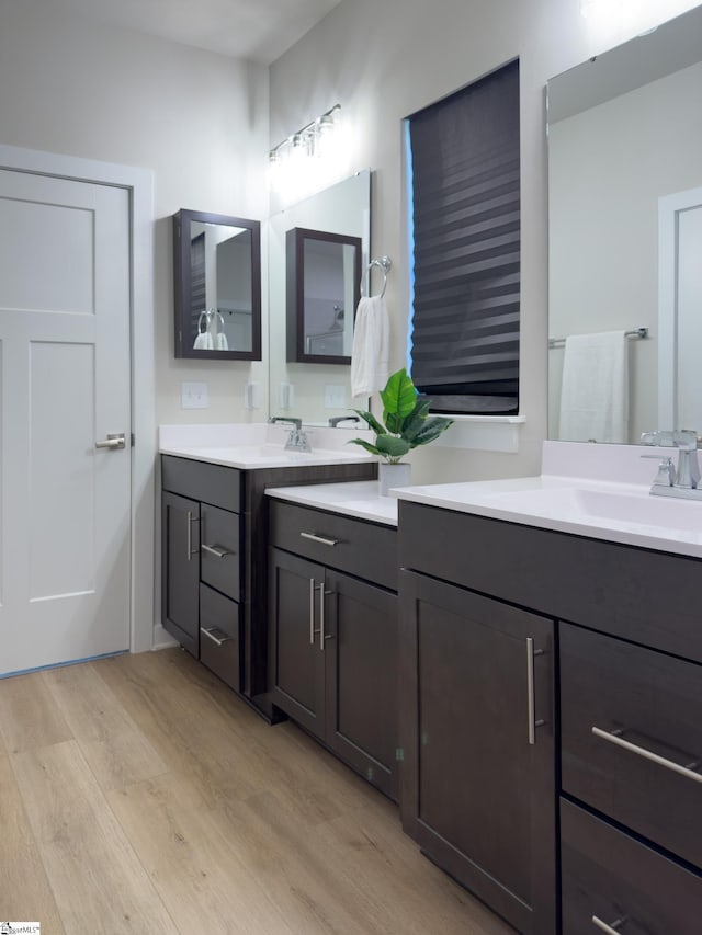 full bath with wood finished floors and two vanities
