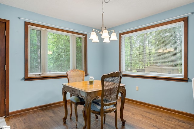 dining space with wood finished floors, baseboards, and a chandelier
