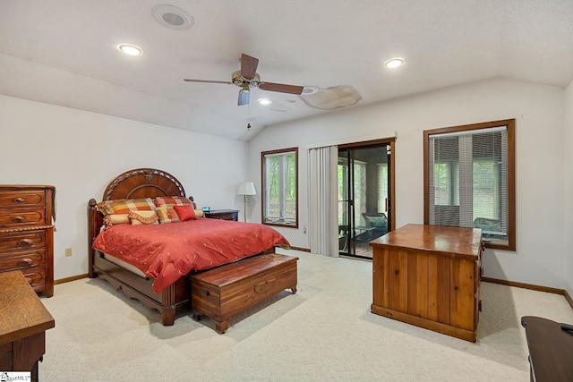 bedroom featuring lofted ceiling, access to outside, light carpet, baseboards, and recessed lighting