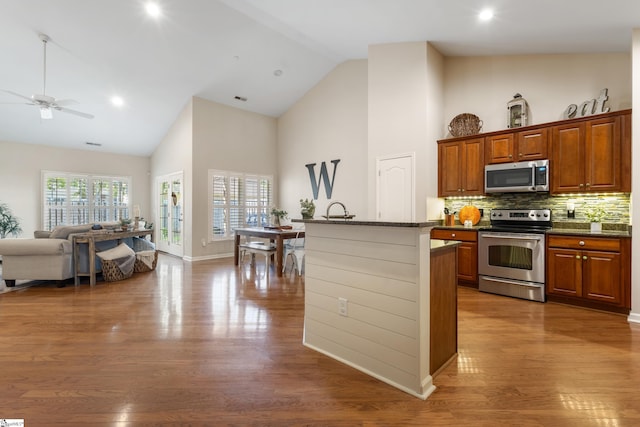 208 Medoc Ln, Moore, SC 29369 - kitchen with stainless steel appliances, high vaulted ceiling, a ceiling fan, open floor plan, and dark wood-style flooring