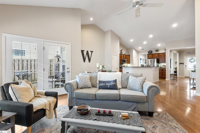 208 Medoc Ln, Moore, SC 29369 - living room featuring vaulted ceiling, ceiling fan, light wood-type flooring, and recessed lighting