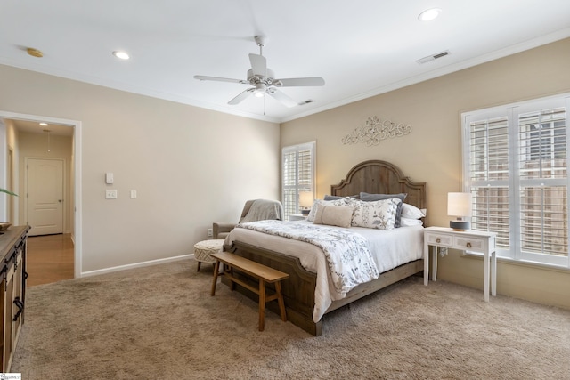 208 Medoc Ln, Moore, SC 29369 - carpeted bedroom with ornamental molding, recessed lighting, a ceiling fan, and baseboards