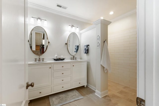 208 Medoc Ln, Moore, SC 29369 - full bath featuring double vanity, a walk in shower, and ornamental molding
