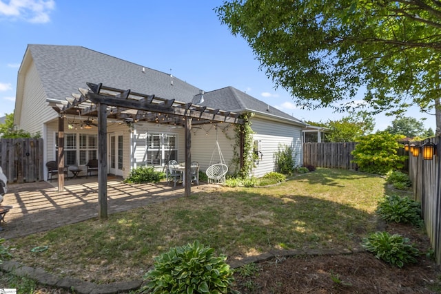 208 Medoc Ln, Moore, SC 29369 - rear view of property with a pergola, a ceiling fan, a shingled roof, and a patio area