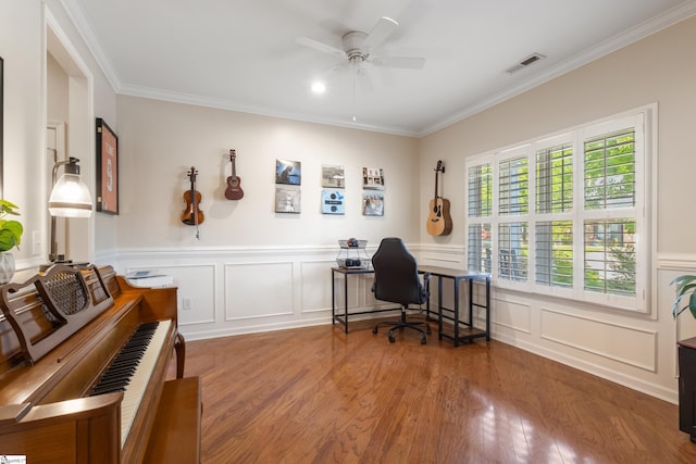 208 Medoc Ln, Moore, SC 29369 - office area with a ceiling fan, wood finished floors, ornamental molding, a decorative wall, and wainscoting