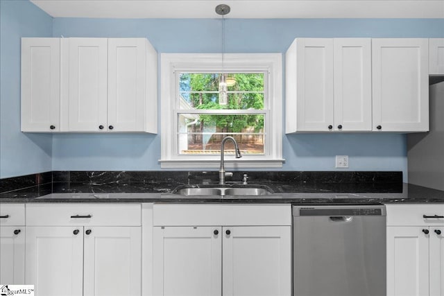 222 Woodview Ave, Spartanburg, SC 29306 - kitchen with dishwasher, a sink, white cabinets, and dark stone counters