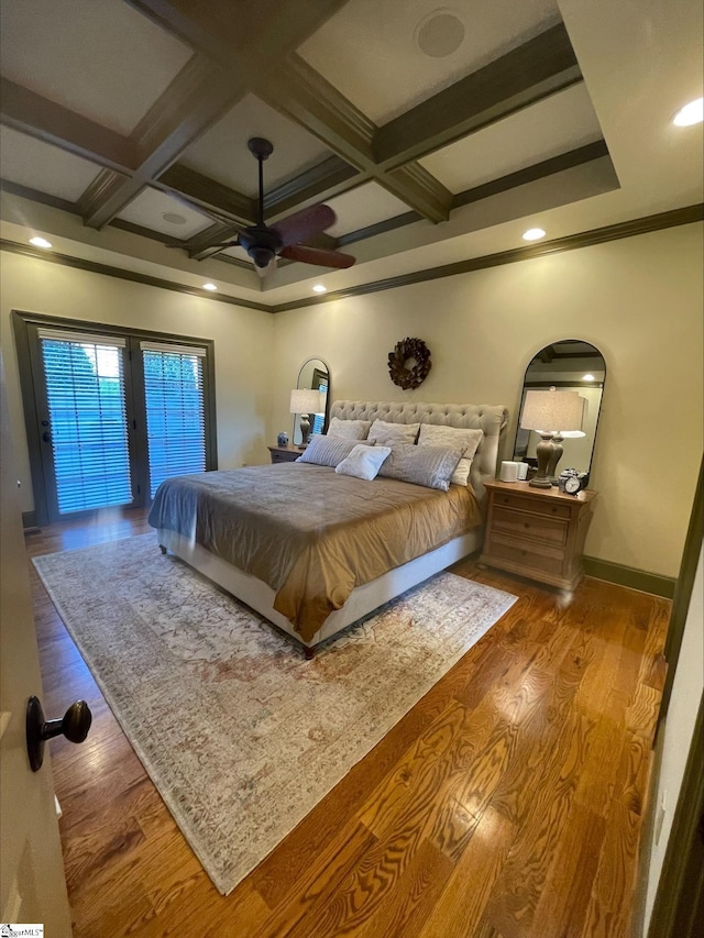 bedroom featuring access to outside, beamed ceiling, wood finished floors, coffered ceiling, and ceiling fan