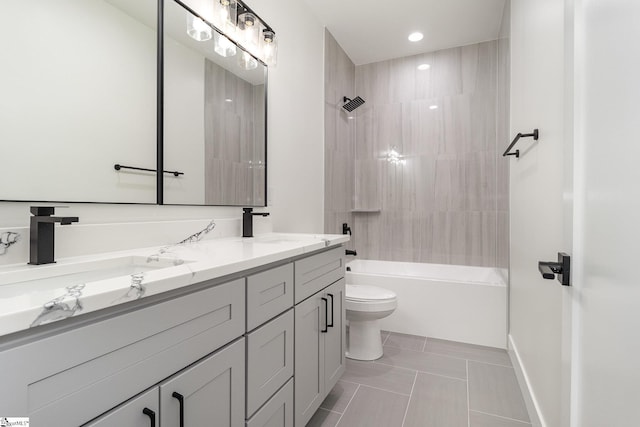 bathroom featuring tile patterned flooring, double vanity, toilet, shower / bathtub combination, and recessed lighting