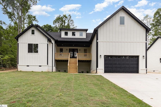 modern farmhouse style home featuring board and batten siding, crawl space, and a front lawn