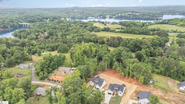 drone / aerial view of a forest and a nearby body of water