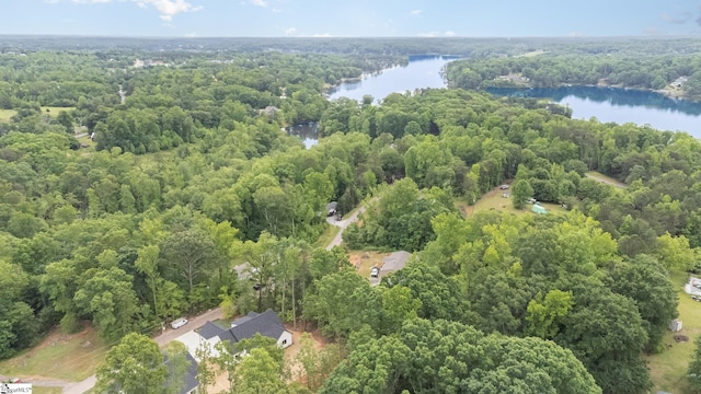aerial view of a nearby body of water and a heavily wooded area