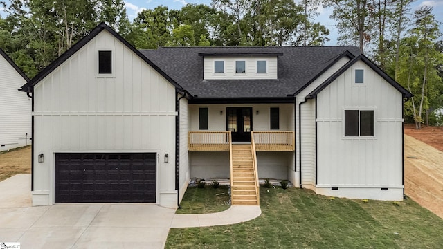 modern farmhouse with covered porch, a shingled roof, board and batten siding, stairs, and driveway