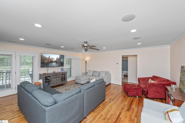 426 Isaqueena Dr, Greer, SC 29651 - living room featuring ornamental molding, plenty of natural light, light wood-type flooring, recessed lighting, and ceiling fan