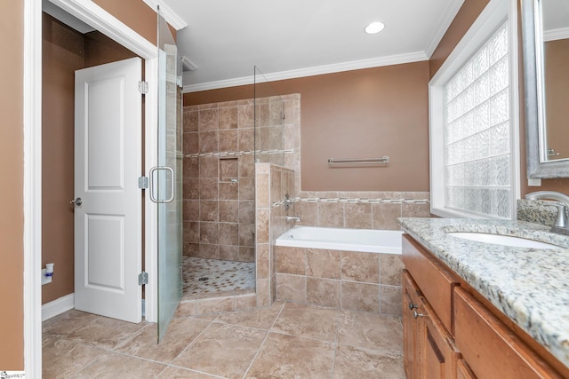 426 Isaqueena Dr, Greer, SC 29651 - bathroom with a shower stall, crown molding, a bath, vanity, and tile patterned floors