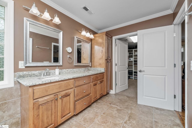 426 Isaqueena Dr, Greer, SC 29651 - full bath featuring crown molding, double vanity, and a spacious closet