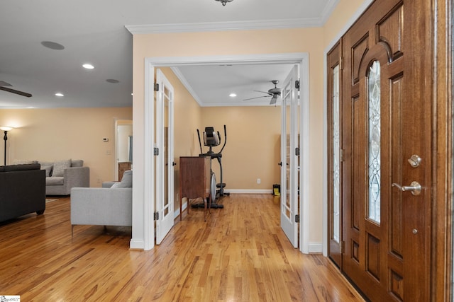 426 Isaqueena Dr, Greer, SC 29651 - entryway featuring french doors, ceiling fan, ornamental molding, light wood-type flooring, and baseboards