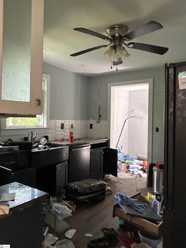 kitchen with dishwasher, ceiling fan, and wood finished floors