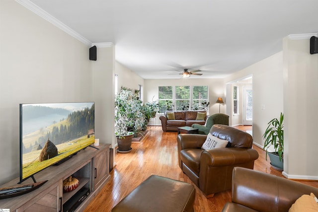 26 Willow Oak Ct, Simpsonville, SC 29681 - living room featuring light wood finished floors, ceiling fan, baseboards, and crown molding