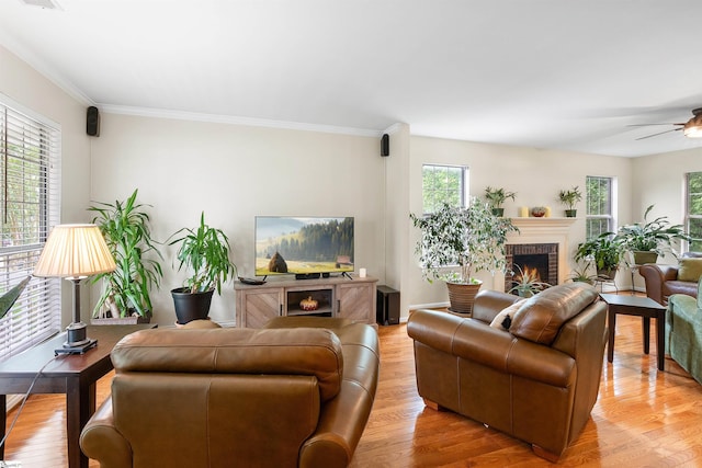 26 Willow Oak Ct, Simpsonville, SC 29681 - living area featuring a brick fireplace, a ceiling fan, wood finished floors, and ornamental molding